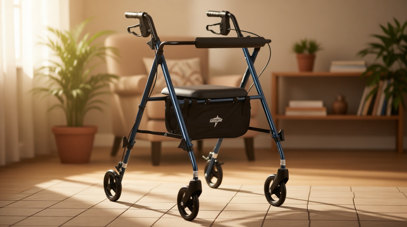 Medline Superlight Folding Aluminum Mobility Rollator Walker, Smoky Blue, 250 lb. Weight Capacity, 6" Wheels, Adjustable Arms and Seat, Foldable Rolling Walker for Seniors