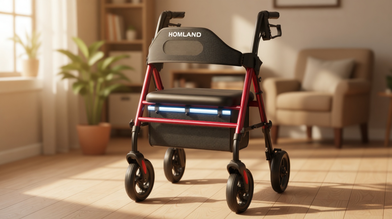 HOMLAND Foldable Rollator Walkers with Seat for Seniors, 8'' Big Wheels, 350 lb. Weight Capacity, Adjustable Handles and Seat Height, Lightweight Rolling Walker, Red