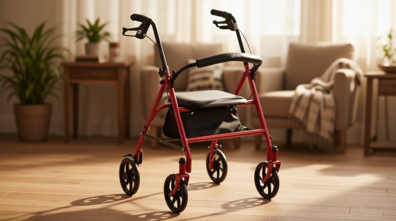 Drive Medical Rollator Walker with Seat - Stable Mobility Support - Height Adjustable - Durable Steel Frame Construction - Smooth 7.5" Wheels - Foldable Frame - 350 Lb Limit - Red