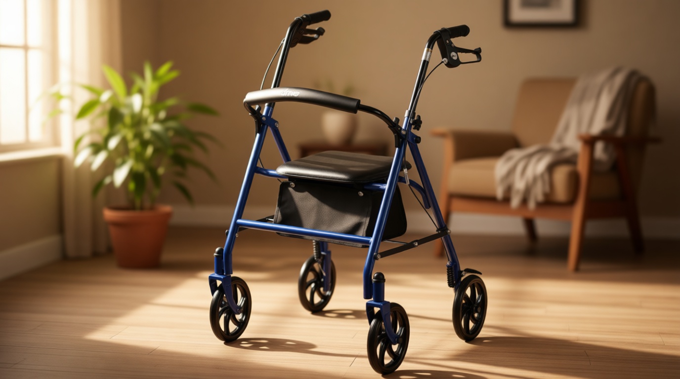 Drive Medical Rollator Walker with Seat - Stable Mobility Support - Height Adjustable - Durable Steel Frame Construction - Smooth 7.5" Wheels - Foldable - 350 Lb Limit - Blue