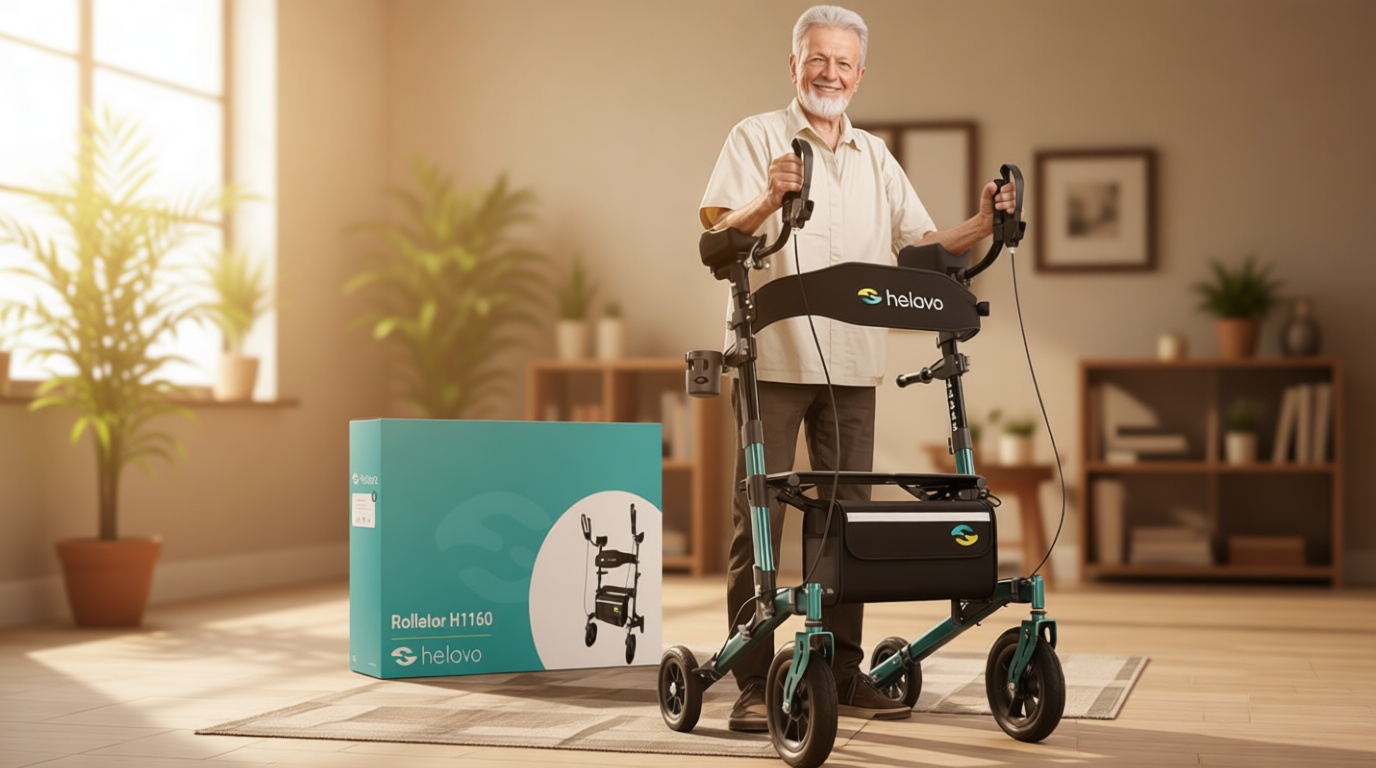Helavo All Terrain Upright Walker with Flat-Free Solid Rubber Tires - Outdoor Stand Up Walker for Seniors - Tall Standing Rollator with Seat