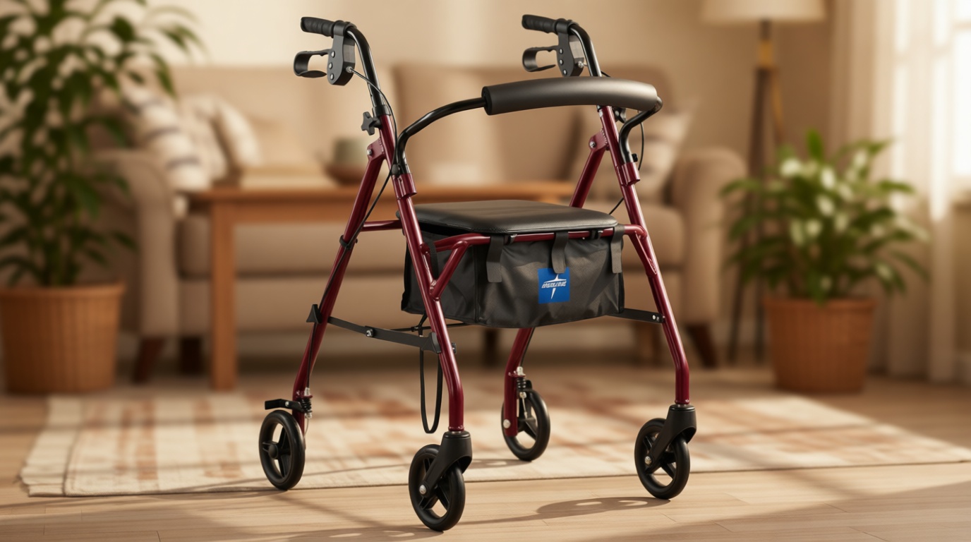 Medline Steel Rollator Walker with Seat, Burgundy, 350 lb. Weight Capacity, 6” Wheels, Foldable, Adjustable Handles, Rolling Walker for Seniors, Walker for Mobility Impaired