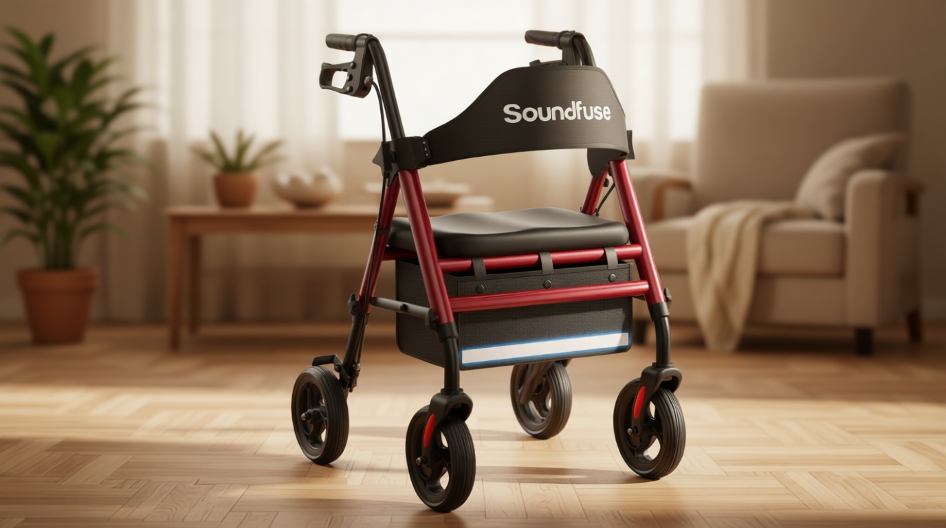 SOUNDFUSE Walkers for Seniors, Rollator Walker with Seat, 8" All Terrain Wheels, Double Support Bar, 350lb, 16" Ergonomic Arc Seat and Comfortable Backrest, Dual Height Adjustable and Foldable Design