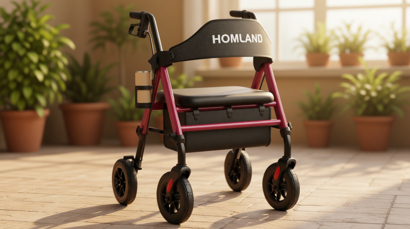HOMLAND Walkers for Seniors with Seat, Foldable Rollator Walker, Reinforced Aluminum Frame, 8" Big Rubber Wheels for All Terrain, Height Adjustable Lightweight Rolling Walker