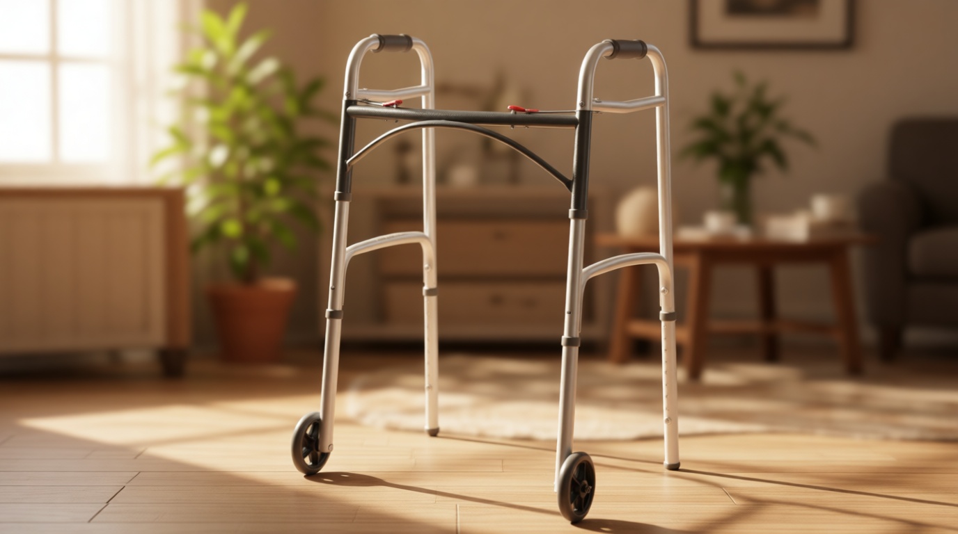 Drive Medical Two-Button Folding Walker With Wheels - Lightweight Rolling Mobility Support - Adjustable Height - Dual Push-Button Operation - 5 Inch Front Wheels - Durable Aluminum - Silver
